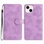 For iPhone 15 Flower Embossing Pattern Leather Phone Case(Purple)