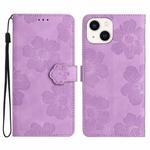 For iPhone 14 Flower Embossing Pattern Leather Phone Case(Purple)