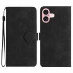 For iPhone 16 Plus Flower Embossing Pattern Leather Phone Case(Black)