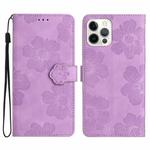 For iPhone 16 Pro Max Flower Embossing Pattern Leather Phone Case(Purple)