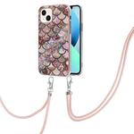 For iPhone 15 Electroplating Pattern IMD TPU Shockproof Case with Neck Lanyard(Pink Scales)