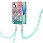 For iPhone 15 Electroplating Pattern IMD TPU Shockproof Case with Neck Lanyard(Colorful Scales)