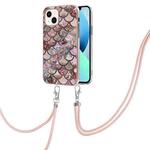 For iPhone 15 Plus Electroplating Pattern IMD TPU Shockproof Case with Neck Lanyard(Pink Scales)