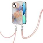 For iPhone 15 Plus Electroplating Pattern IMD TPU Shockproof Case with Neck Lanyard(Milky Way White Marble)