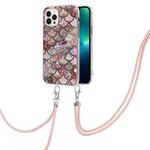 For iPhone 15 Pro Electroplating Pattern IMD TPU Shockproof Case with Neck Lanyard(Pink Scales)