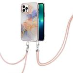 For iPhone 15 Pro Max Electroplating Pattern IMD TPU Shockproof Case with Neck Lanyard(Milky Way White Marble)