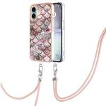 For iPhone 16 Plus Electroplating Pattern IMD TPU Shockproof Case with Neck Lanyard(Pink Scales)