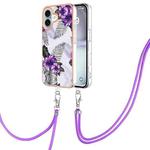 For iPhone 16 Plus Electroplating Pattern IMD TPU Shockproof Case with Neck Lanyard(Purple Flower)