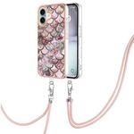 For iPhone 16 Electroplating Pattern IMD TPU Shockproof Case with Neck Lanyard(Pink Scales)