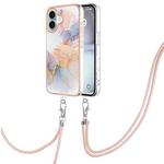 For iPhone 16 Electroplating Pattern IMD TPU Shockproof Case with Neck Lanyard(Milky Way White Marble)