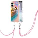 For iPhone 16 Electroplating Pattern IMD TPU Shockproof Case with Neck Lanyard(Dream Chasing Butterfly)