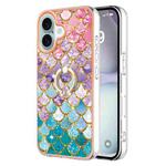 For iPhone 16 Plus Electroplating Pattern IMD TPU Shockproof Case with Rhinestone Ring Holder(Colorful Scales)