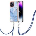 For iPhone 15 Pro Max Electroplating Marble Dual-side IMD Phone Case with Lanyard(Blue 018)