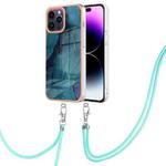 For iPhone 15 Pro Electroplating Marble Dual-side IMD Phone Case with Lanyard(Green 017)