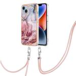 For iPhone 15 Plus Electroplating Marble Dual-side IMD Phone Case with Lanyard(Rose Red 014)