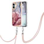 For iPhone 16 Plus Electroplating Marble Dual-side IMD Phone Case with Lanyard(Rose Red 014)