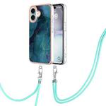 For iPhone 16 Plus Electroplating Marble Dual-side IMD Phone Case with Lanyard(Green 017)