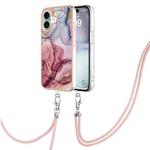 For iPhone 16 Electroplating Marble Dual-side IMD Phone Case with Lanyard(Rose Red 014)