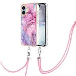 For iPhone 16 Electroplating Marble Dual-side IMD Phone Case with Lanyard(Pink 013)