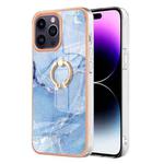 For iPhone 15 Pro Electroplating Marble Dual-side IMD Phone Case with Ring(Blue 018)