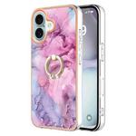 For iPhone 16 Electroplating Marble Dual-side IMD Phone Case with Ring(Pink 013)