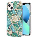 For iPhone 15 Plus Electroplating Splicing Marble Flower Pattern TPU Shockproof Case(Blue Flower)