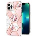 For iPhone 15 Pro Max Electroplating Splicing Marble Flower Pattern TPU Shockproof Case(Pink Flower)