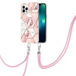 For iPhone 15 Pro Electroplating Splicing Marble Flower Pattern TPU Shockproof Case with Lanyard(Pink Flower)