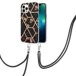 For iPhone 15 Pro Electroplating Splicing Marble Flower Pattern TPU Shockproof Case with Lanyard(Black Flower)