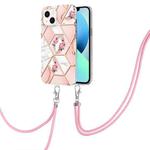 For iPhone 15 Plus Electroplating Splicing Marble Flower Pattern TPU Shockproof Case with Lanyard(Pink Flower)