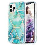 For iPhone 16 Pro Max Electroplating Splicing Marble Flower Pattern Dual-side IMD TPU Shockproof Phone Case(Blue)