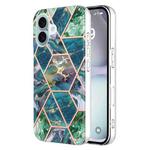 For iPhone 16 Plus Electroplating Splicing Marble Flower Pattern Dual-side IMD TPU Shockproof Phone Case(Blue Green)