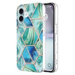 For iPhone 16 Plus Electroplating Splicing Marble Flower Pattern Dual-side IMD TPU Shockproof Phone Case(Blue)