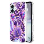 For iPhone 16 Plus Electroplating Splicing Marble Flower Pattern Dual-side IMD TPU Shockproof Phone Case(Dark Purple)