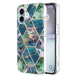 For iPhone 16 Electroplating Splicing Marble Flower Pattern Dual-side IMD TPU Shockproof Phone Case(Blue Green)