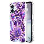 For iPhone 16 Electroplating Splicing Marble Flower Pattern Dual-side IMD TPU Shockproof Phone Case(Dark Purple)