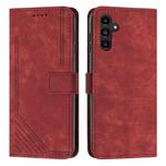 For Samsung Galaxy A05s Skin Feel Stripe Pattern Leather Phone Case with Long Lanyard(Red)