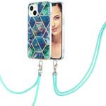 For iPhone 15 Electroplating Splicing Marble Pattern IMD TPU Shockproof Case with Neck Lanyard(Blue Green)