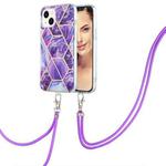 For iPhone 15 Electroplating Splicing Marble Pattern IMD TPU Shockproof Case with Neck Lanyard(Dark Purple)