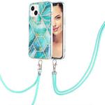 For iPhone 15 Plus Electroplating Splicing Marble Pattern IMD TPU Shockproof Case with Neck Lanyard(Blue)