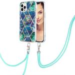 For iPhone 15 Pro Electroplating Splicing Marble Pattern IMD TPU Shockproof Case with Neck Lanyard(Blue Green)
