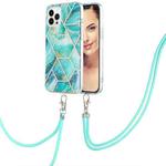 For iPhone 15 Pro Electroplating Splicing Marble Pattern IMD TPU Shockproof Case with Neck Lanyard(Blue)
