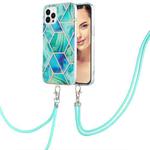 For iPhone 15 Pro Electroplating Splicing Marble Pattern IMD TPU Shockproof Case with Neck Lanyard(Green)