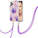 For iPhone 15 Pro Max Electroplating Splicing Marble Pattern IMD TPU Shockproof Case with Neck Lanyard(Light Purple)