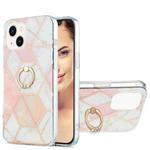 For iPhone 15 Electroplating Splicing Marble Pattern IMD TPU Shockproof Case with Ring Holder(Pink White)