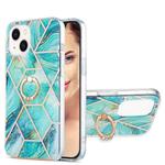 For iPhone 15 Electroplating Splicing Marble Pattern IMD TPU Shockproof Case with Ring Holder(Blue)