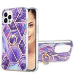 For iPhone 15 Pro Electroplating Splicing Marble Pattern IMD TPU Shockproof Case with Ring Holder(Dark Purple)
