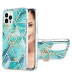For iPhone 15 Pro Max Electroplating Splicing Marble Pattern IMD TPU Shockproof Case with Ring Holder(Blue)