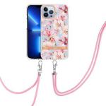For iPhone 15 Pro Flowers and Plants Series IMD TPU Phone Case with Lanyard(Green Gardenia)