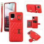 For Samsung Galaxy A12 Horizontal Card Bag Ring Holder Phone Case with Dual Lanyard(Red)